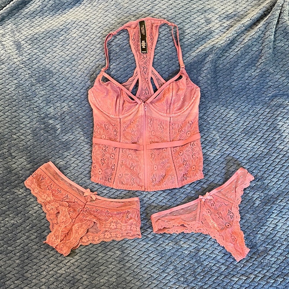 Victoria’s Secret 3 piece set long line bra bikini panties & thong 32C XS mauve